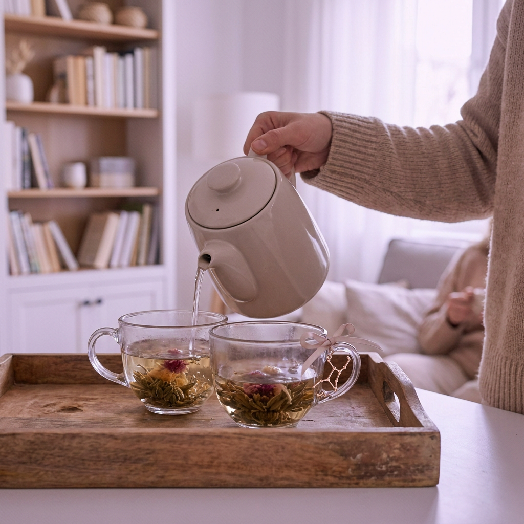 處女座默默為戀人泡茶，細膩關懷流露出慢熟愛意，畫面溫柔細緻。
