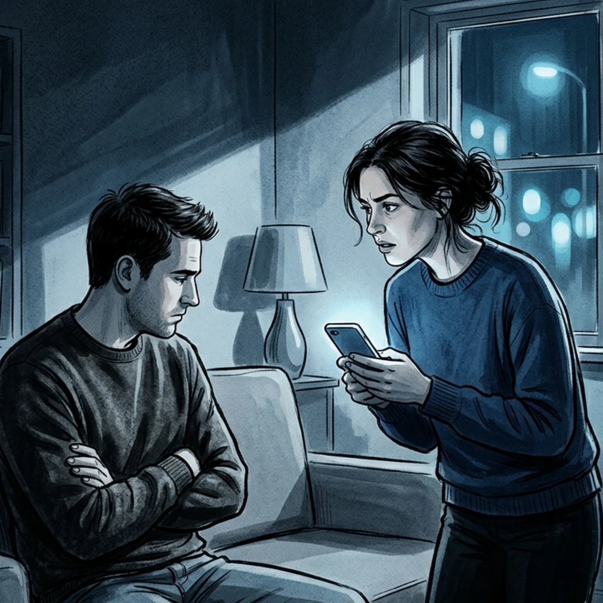A couple in a tense moment, one partner appearing suspicious and the other turning away, showing the effects of toxic jealousy.