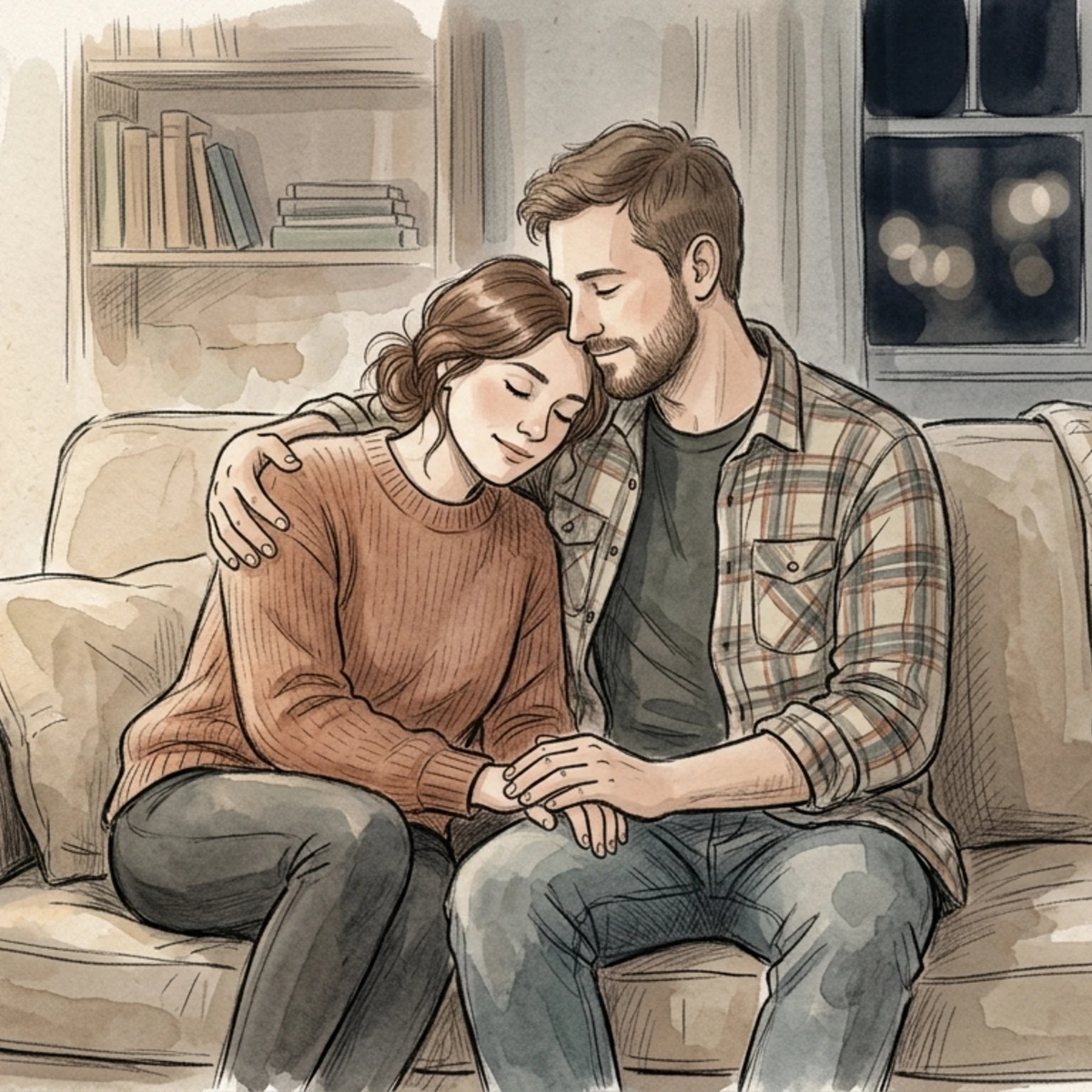 A couple having an honest, gentle conversation on a couch, showing open communication and emotional vulnerability.