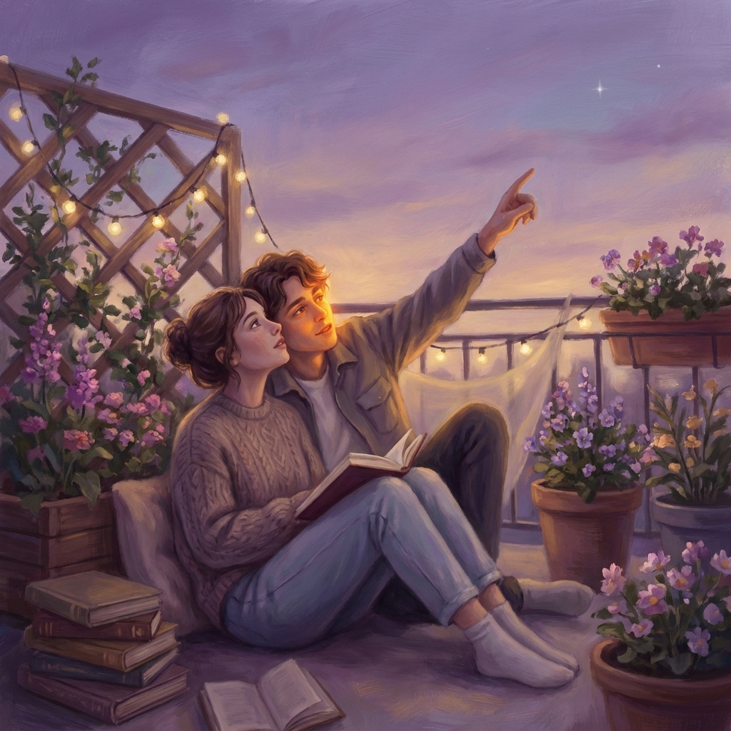 An INTP and INFJ pair enjoying a quiet, deep moment together under the night sky, emphasizing soul-level understanding.