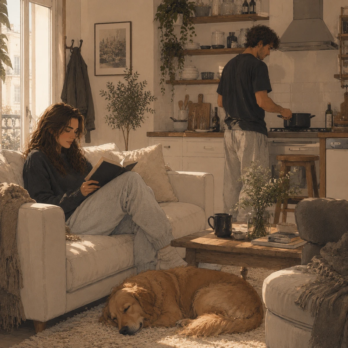 A cozy reading nook with two armchairs facing a glowing fireplace, representing the quiet attachment stage.