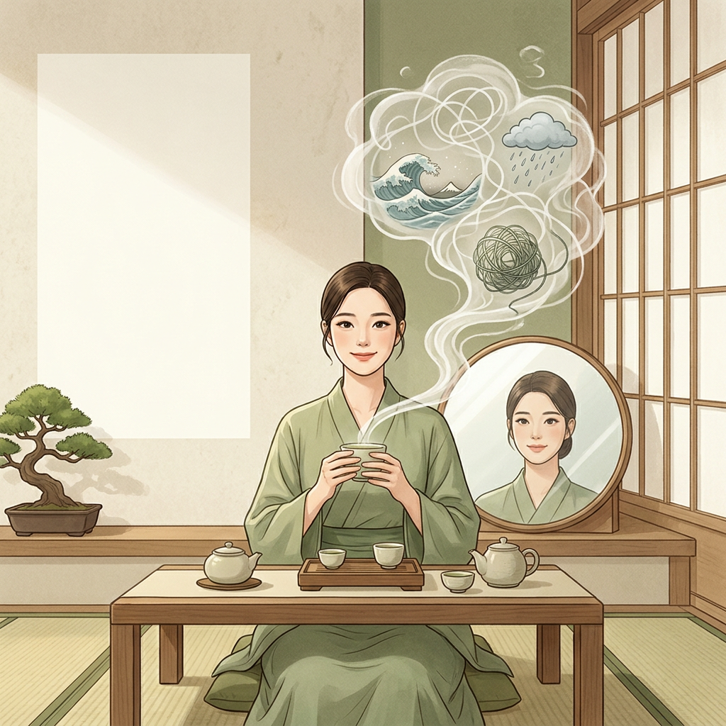 天秤座在人群中微笑，表面和諧愉快，雙手藏在背後，眼神裡帶著一絲不安，體現笑著壓抑情緒的習慣。