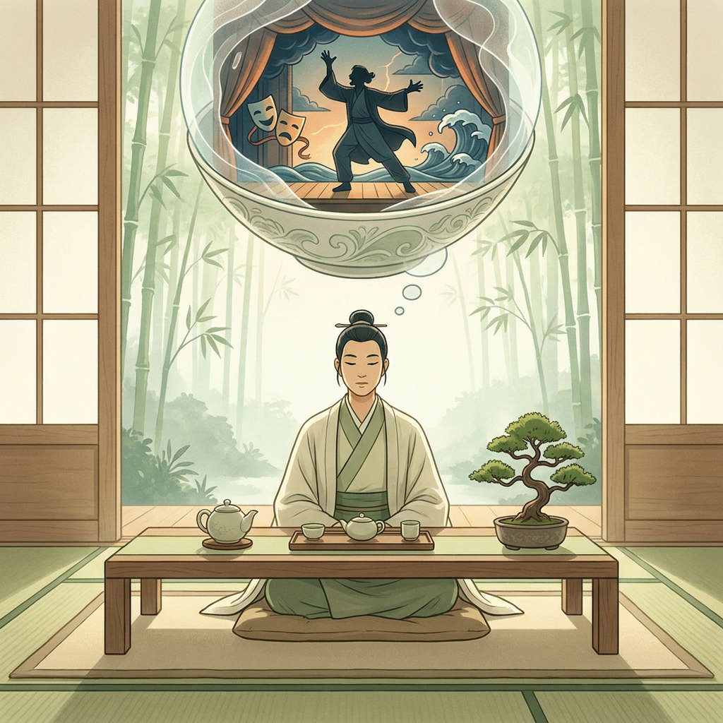 雙魚座靠在窗邊凝望雨景，臉上柔和卻帶點憂傷，窗外倒影象徵內心豐富的大戲與腦內劇場。