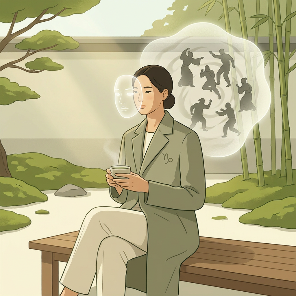摩羯座穿著正式服裝在辦公桌前工作，臉上專注卻眉頭微皺，背後隱約有山影象徵壓力累積，展現壓抑情緒的堅強外表。