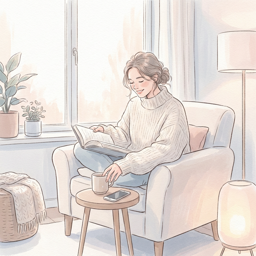 A person peacefully closing a chat on their phone and looking out the window, symbolizing the emotional release and reclaiming of personal space after soft ghosting.