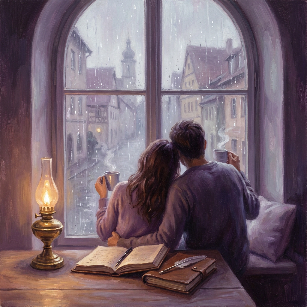 An INFJ and ENTP sharing a deep, lively conversation in a café, capturing their visionary and intuitive connection.