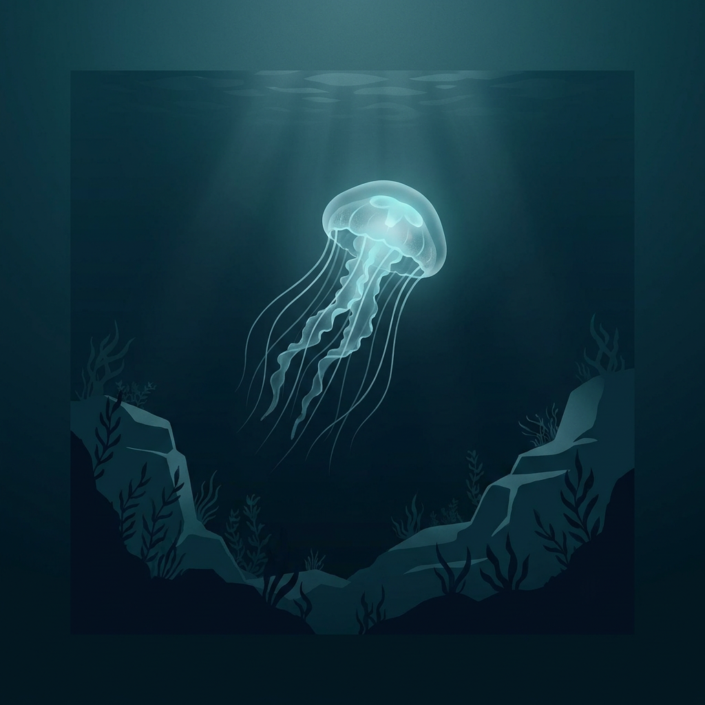 深邃幽暗的海水中，一隻散發著微光的單隻水母緩慢漂浮，象徵天蠍座在無人知曉的深處獨自療癒的孤獨與美麗。