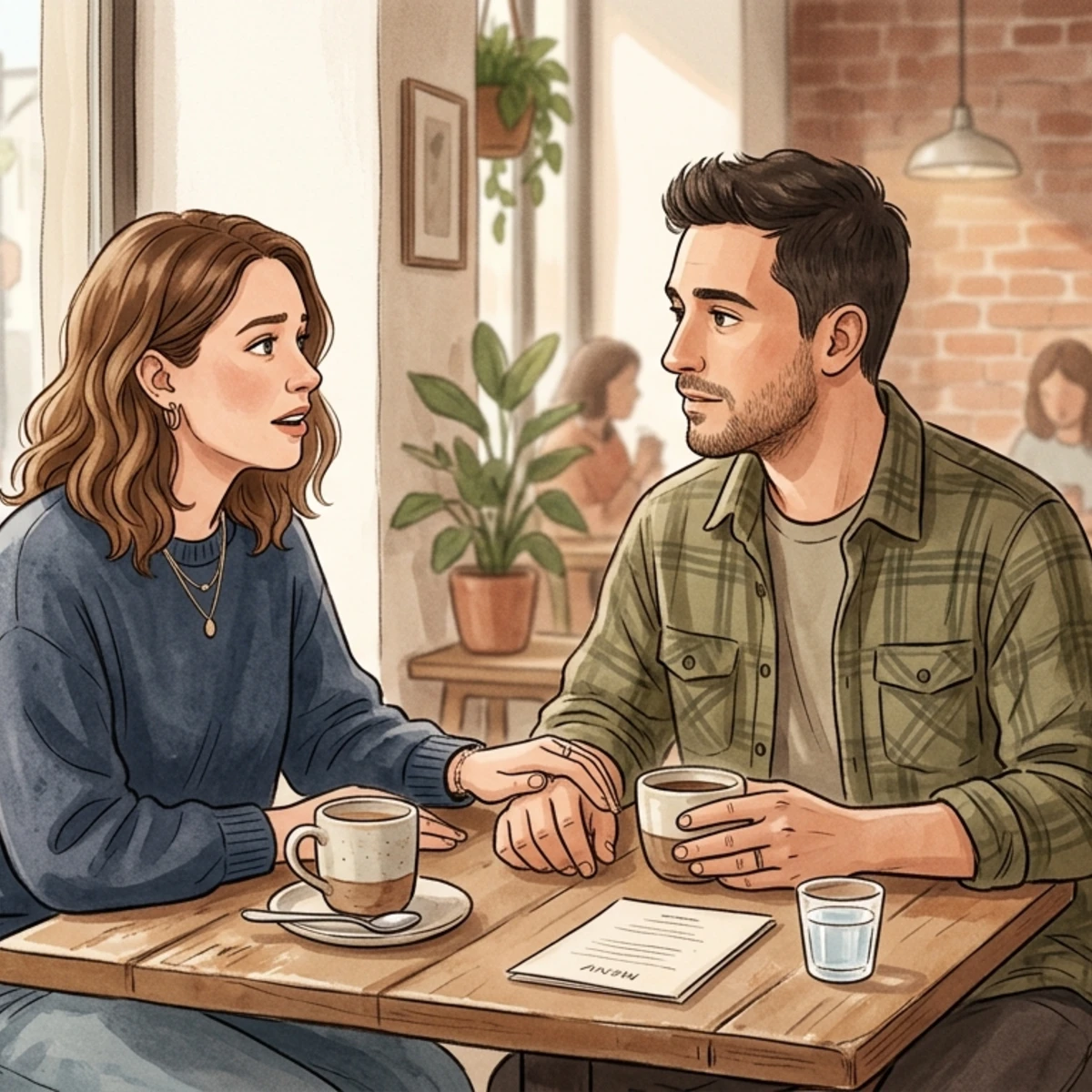 A couple at a kitchen table, one expressing feelings while the other listens supportively, symbolizing honest and healthy communication.