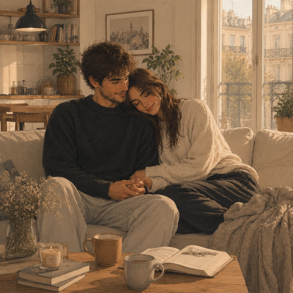 Two hands gently clasping under a white knit blanket, representing the conscious commitment stage of love.