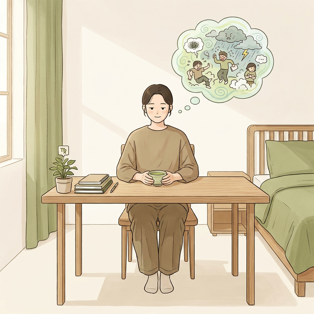 處女座在整齊的桌前細心整理文具，臉上冷靜但眼神專注於每個細節，反映出表面從容內心不停檢討的特質。
